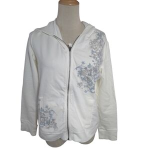 Sonoma White Bling Y2k Style Zip Hoodie with Blue And Grey Floeal Accents